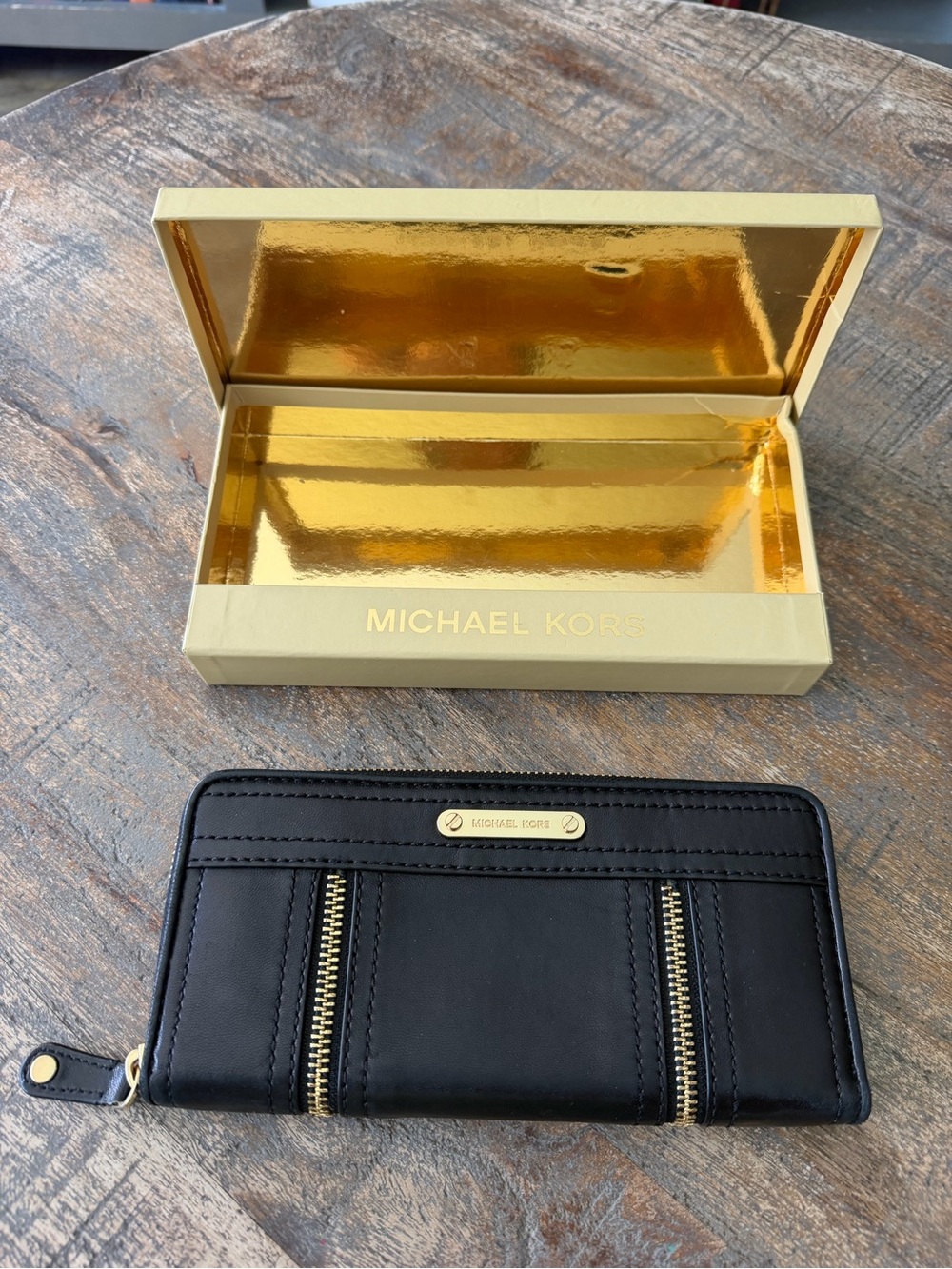 Michael Kors Black Leather Zip Wallet with Gold Hardware